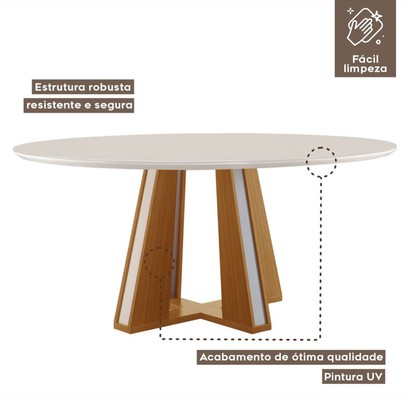 Mesa de Madeira Madri Redonda 135cm com Vidro Cinamomo/Off White 14933 - Lj Móveis
