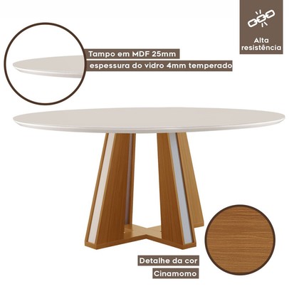 Mesa de Madeira Madri Redonda 135cm com Vidro Cinamomo/Off White 14933 - Lj Móveis