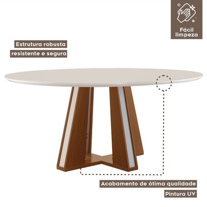 Mesa de Madeira Madri Redonda 100cm com Vidro Premio/Off White - Lj Móveis