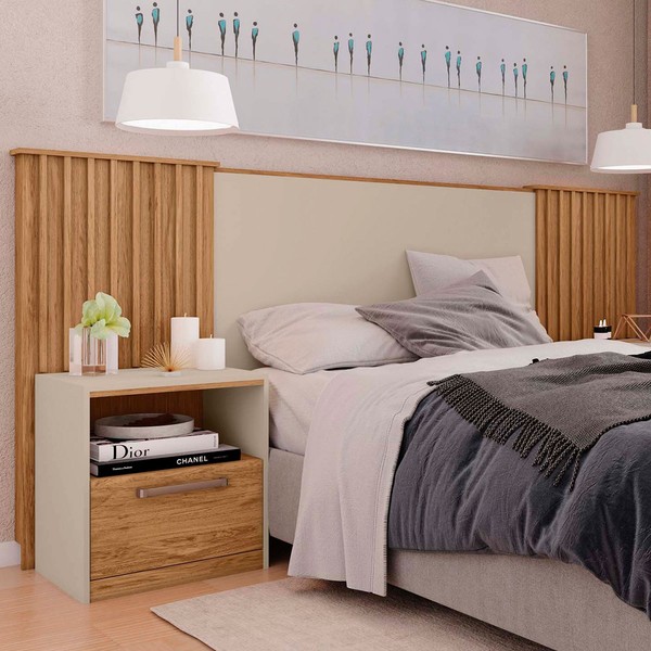 Cabeceira Casal King Extensível Lucius 2 Gavetas Ripado Buriti/Off White - Caemmun