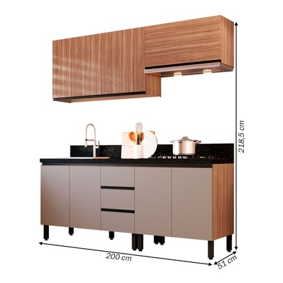 Cozinha Compacta Cedro 8 Portas 3 Gavetas Montana/Fumê - Quiditá Móveis