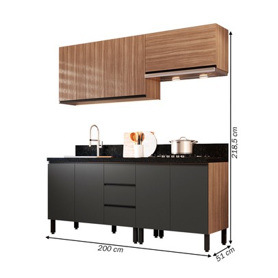 Cozinha Compacta Cedro 8 Portas 3 Gavetas Montana/Grafite - Quiditá Móveis