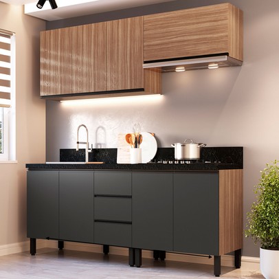 Cozinha Compacta Cedro 8 Portas 3 Gavetas Montana/Grafite - Quiditá Móveis