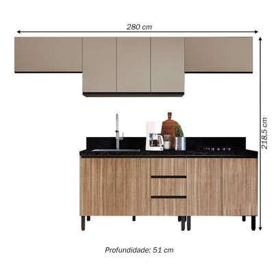 Cozinha Compacta ébano 9 Portas 3 Gavetas Montana/Fumê - Quiditá Móveis