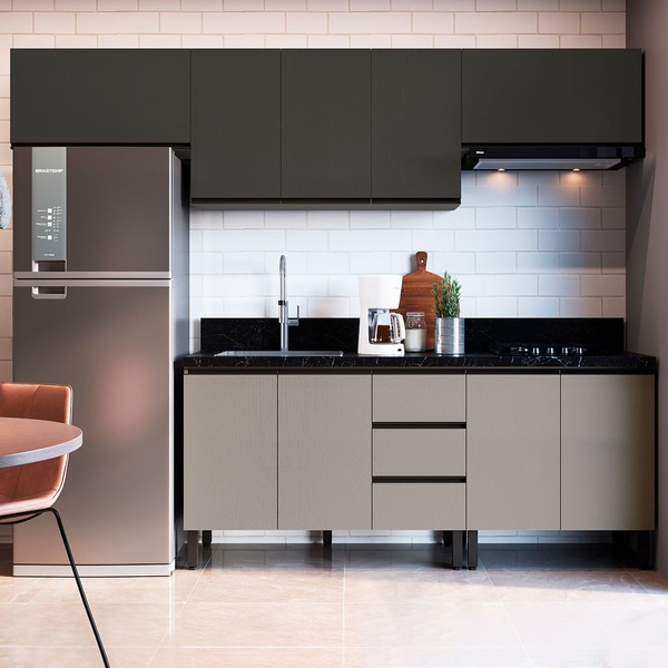 Cozinha Compacta ébano 9 Portas 3 Gavetas Fumê/Grafite - Quiditá Móveis