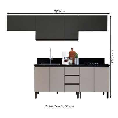 Cozinha Compacta ébano 9 Portas 3 Gavetas Fumê/Grafite - Quiditá Móveis