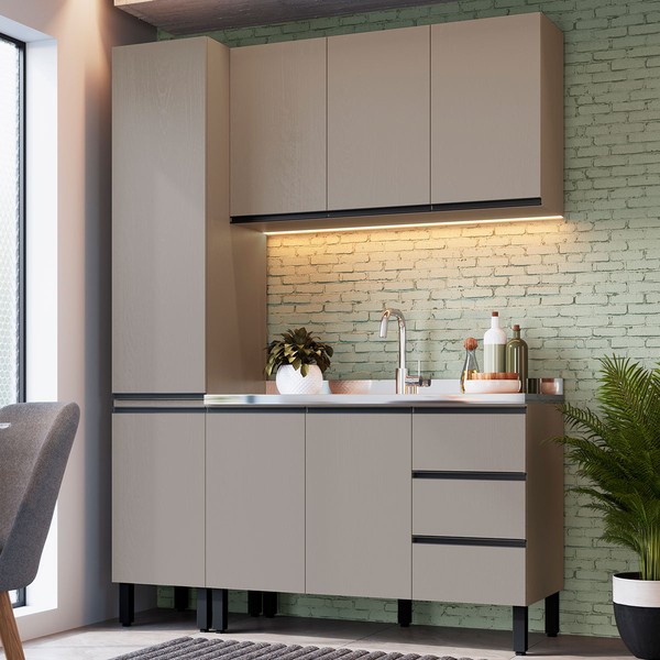 Cozinha Compacta Bambu 7 Portas 3 Gavetas Fumê - Quiditá Móveis