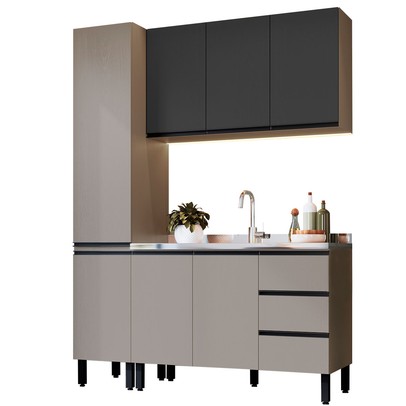 Cozinha Compacta Bambu 7 Portas 3 Gavetas Fumê/Grafite - Quiditá Móveis