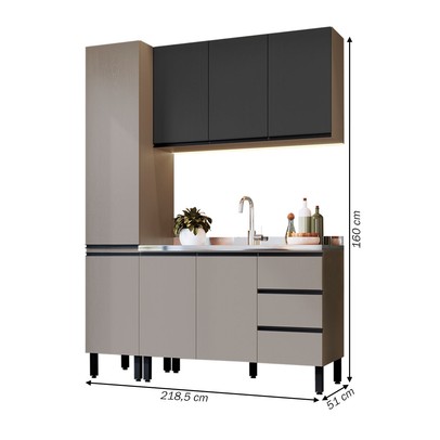 Cozinha Compacta Bambu 7 Portas 3 Gavetas Fumê/Grafite - Quiditá Móveis