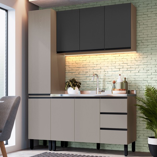 Cozinha Compacta Bambu 7 Portas 3 Gavetas Fumê/Grafite - Quiditá Móveis