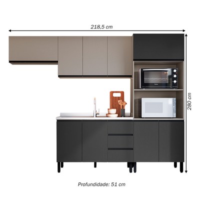 Cozinha Compacta Mogno 9 Portas 3 Gavetas Fumê/Grafite - Quiditá Móveis