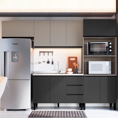 Cozinha Compacta Mogno 9 Portas 3 Gavetas Fumê/Grafite - Quiditá Móveis