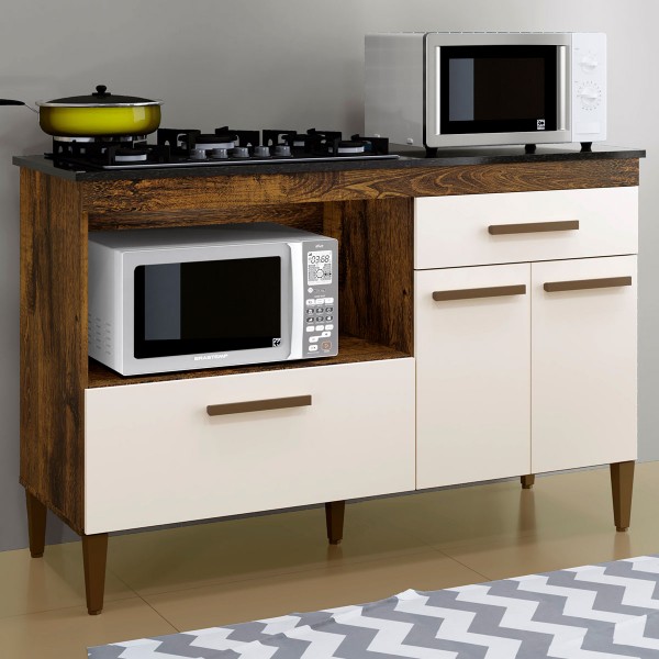 Balcão de Cozinha para Cooktop 4 Bocas Palace 3 Portas 1 Gaveta Ypê/Off White - Kaiki Móveis