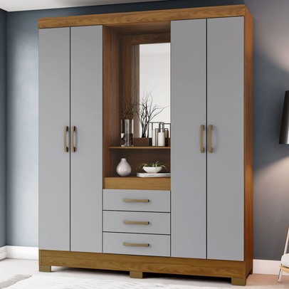 Guarda-Roupa Solteiro 4 Portas 3 Gavetas com Espelho Nature/Cinza - Briz
