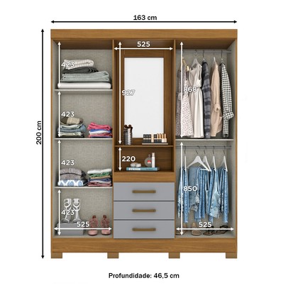 Guarda-Roupa Solteiro 4 Portas 3 Gavetas com Espelho Nature/Cinza - Briz