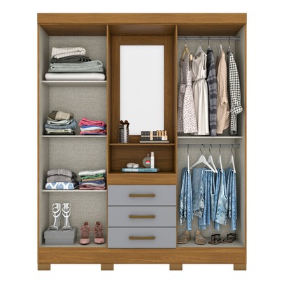 Guarda-Roupa Solteiro 4 Portas 3 Gavetas com Espelho Nature/Cinza - Briz