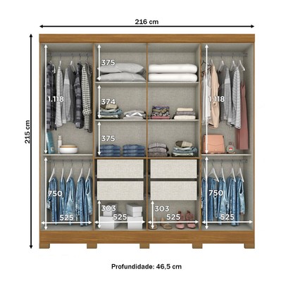 Guarda-Roupa Casal 8 Portas 4 Gavetas Nature/Off White - Briz