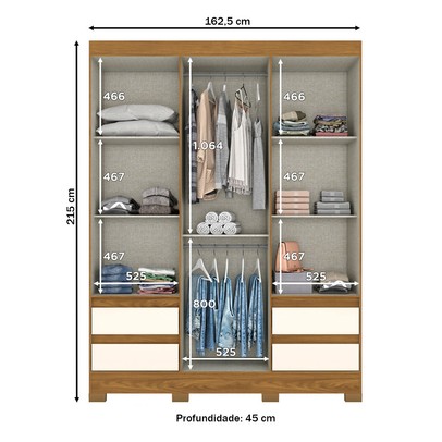 Guarda-Roupa Solteiro 3 Portas 4 Gavetas Nature/Off White - Briz