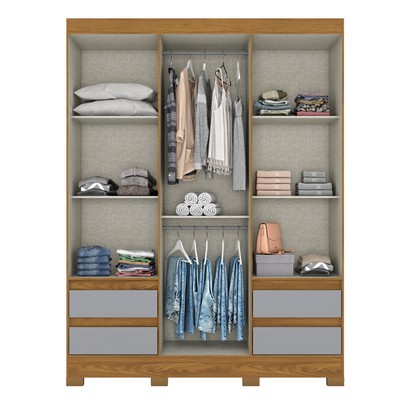 Guarda-Roupa Solteiro 3 Portas 4 Gavetas Nature/Cinza - Briz