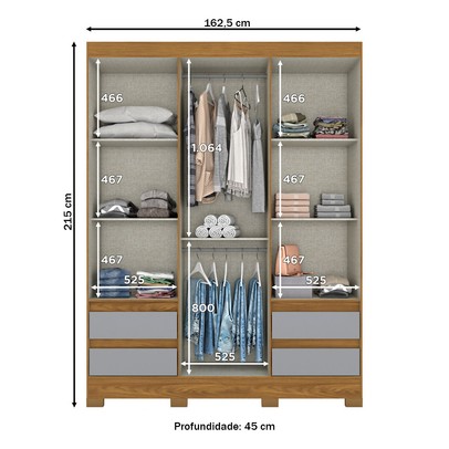 Guarda-Roupa Solteiro 3 Portas 4 Gavetas Nature/Cinza - Briz