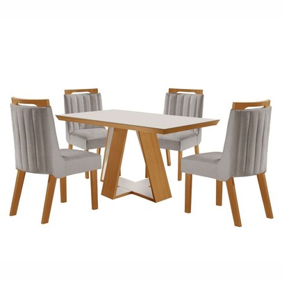 Mesa de Jantar 4 Lugares Viena com Vidro Cinamomo/Off White/Linho Cinza - Lj Móveis