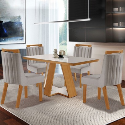 Mesa de Jantar 4 Lugares Viena com Vidro Cinamomo/Off White/Linho Cinza - Lj Móveis