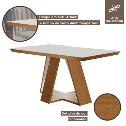Mesa de Jantar 4 Lugares Viena com Vidro Cinamomo/Off White/Linho Cinza - Lj Móveis