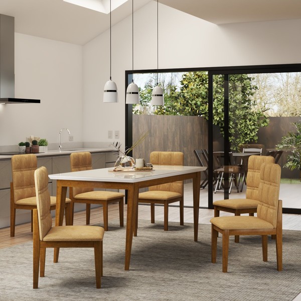 Mesa de Jantar 6 Lugares Zyra com Vidro Cinamomo/Off White - Panorama Móveis