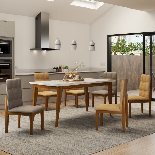 Mesa de Jantar 6 Lugares Royal com Vidro Cinamomo/Off White - Panorama Móveis