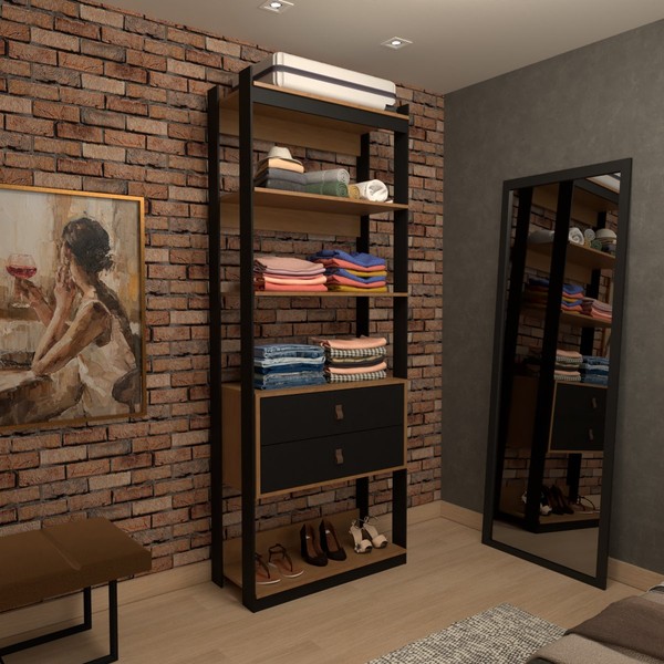 Closet Industrial Marseille 2 Gavetas 2 Prateleiras Black/Brise - Panorama Móveis