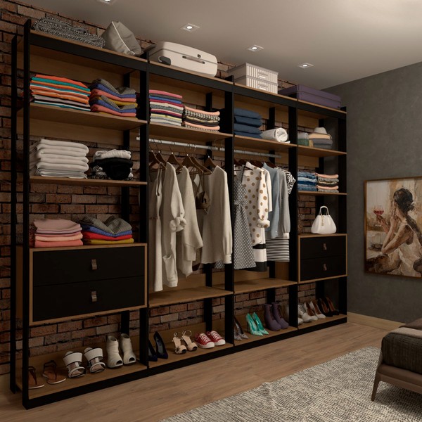 Closet Industrial Marseille 4 Gavetas 8 Prateleiras 2 Cabideiros Black/Brise - Panorama Móveis