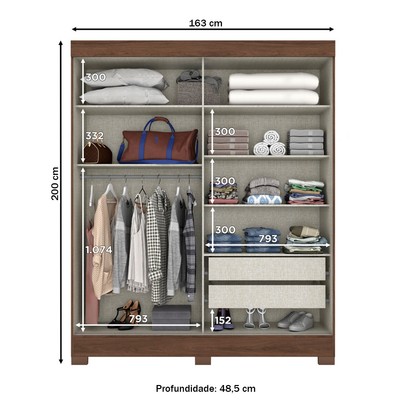 Guarda-Roupa Solteiro 2 Portas 2 Gavetas com Espelho Castanho Hp/Off White - Briz