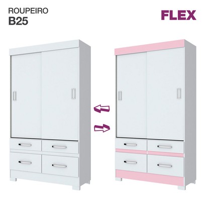 Guarda-Roupa Solteiro 2 Portas de Correr 4 Gavetas Flex Branco/Rosa Chá Be25 - Briz