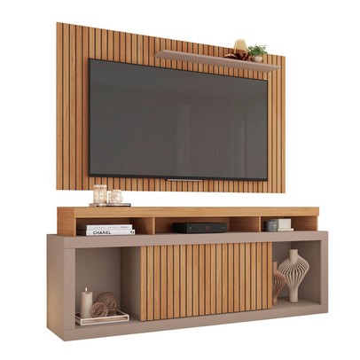 Rack com Painel para TV Até 65 Polegadas New Oscar 2 Portas Ripado Buriti/Fendi - Caemmun