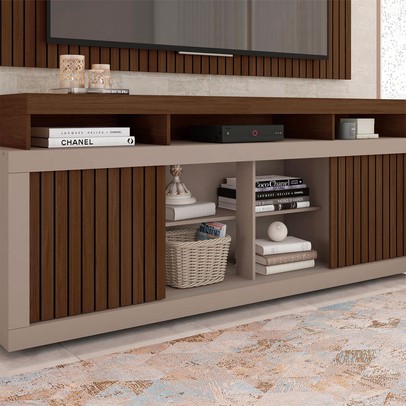 Rack com Painel para TV Até 65 Polegadas New Oscar 2 Portas Ripado Fendi/Havana - Caemmun