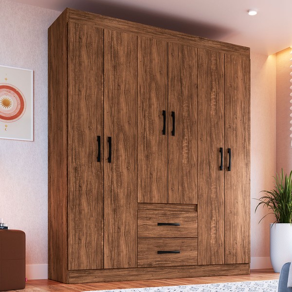 Guarda-Roupa Solteiro Montevidéu 6 Portas 2 Gavetas Castanho - Doripel