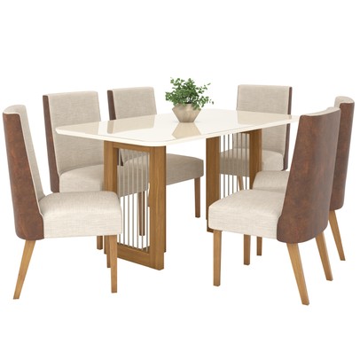 Mesa de Jantar 6 Lugares Isabella com Vidro Nature/Off White/Courano/Linho - Panorama Móveis