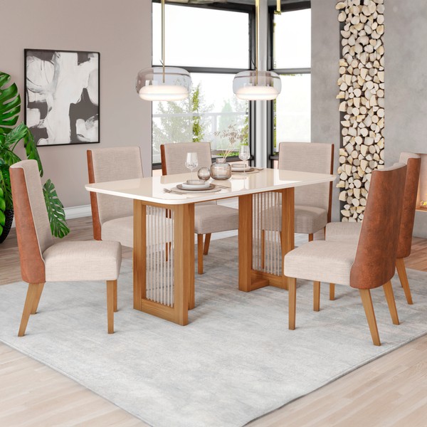 Mesa de Jantar 6 Lugares Isabella com Vidro Nature/Off White/Courano/Linho - Panorama Móveis