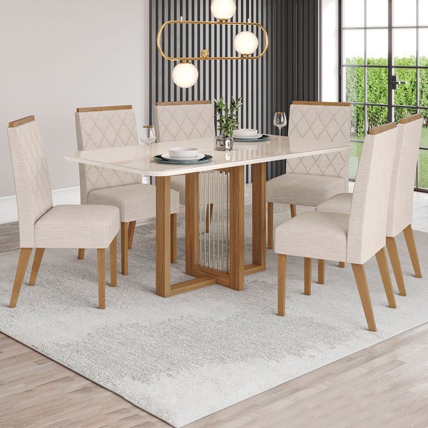 Mesa de Jantar 6 Lugares Giulia com Vidro Nature/Off White/Linho - Panorama Móveis