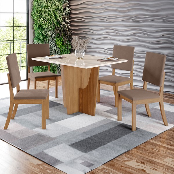 Mesa de Jantar 4 Lugares Antonella com Vidro Nature/Off White/Marrom Amêndoa - Panorama Móveis