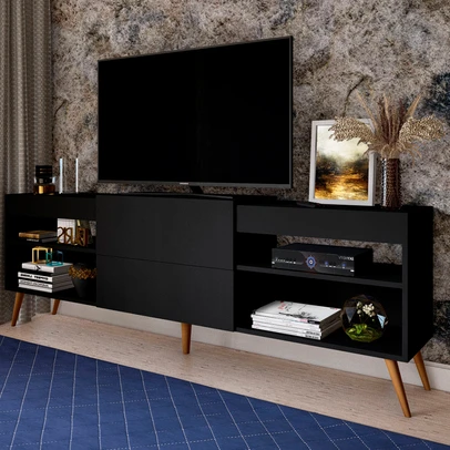 Rack para TV Até 55 Polegadas Luiza Diamantina 1 Porta 2 Prateleiras Preto Fosco - Panorama Móveis