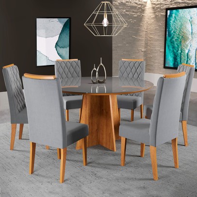 Mesa de Jantar 6 Lugares Isabela Diamantina com Vidro Mel/Veludo Cinza/Grafite - Panorama Móveis