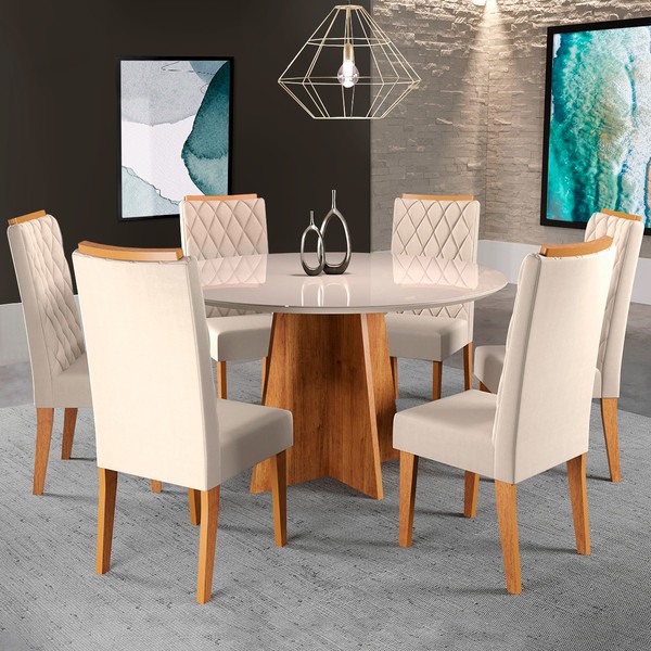 Mesa de Jantar 6 Lugares Isabela Diamantina com Vidro Mel/Nude/Off White - Panorama Móveis