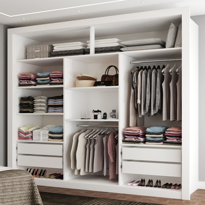 Guarda-Roupa Casal Olivia Diamantina 3 Portas de Correr 4 Gavetas Espelhado Branco - Panorama Móveis