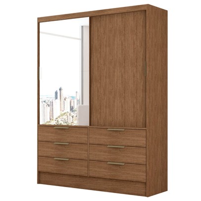 Guarda-Roupa Solteiro Diamantina 2 Portas de Correr 6 Gavetas com Espelho Marrom - Panorama Móveis