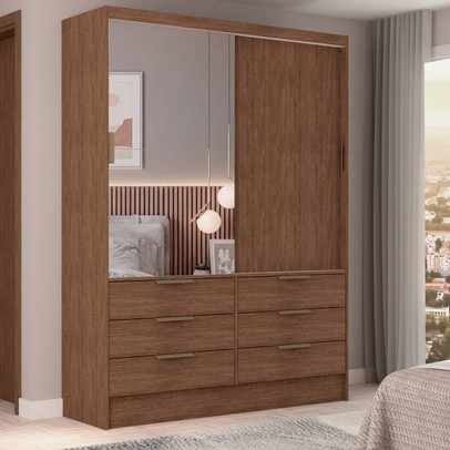 Guarda-Roupa Solteiro Diamantina 2 Portas de Correr 6 Gavetas com Espelho Marrom - Panorama Móveis