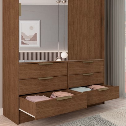 Guarda-Roupa Solteiro Diamantina 2 Portas de Correr 6 Gavetas com Espelho Marrom - Panorama Móveis