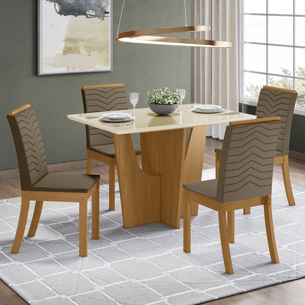 Mesa de Jantar 4 Lugares Alicia com Vidro Nature/Off White/Bege - Panorama Móveis