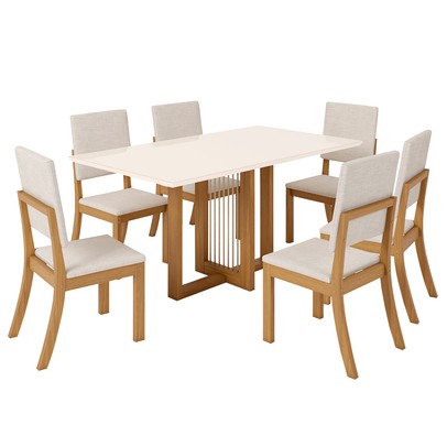 Mesa de Jantar 6 Lugares Natali com Vidro Nature/Off White/Linho - Henn