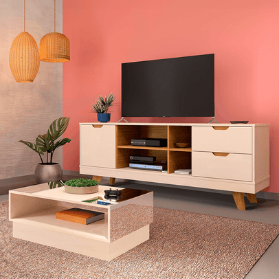 Sala de Estar Completa para TV Até 60 Polegadas Michigan 1 Porta 2 Gavetas Off White/Carvalho - Artely Móveis